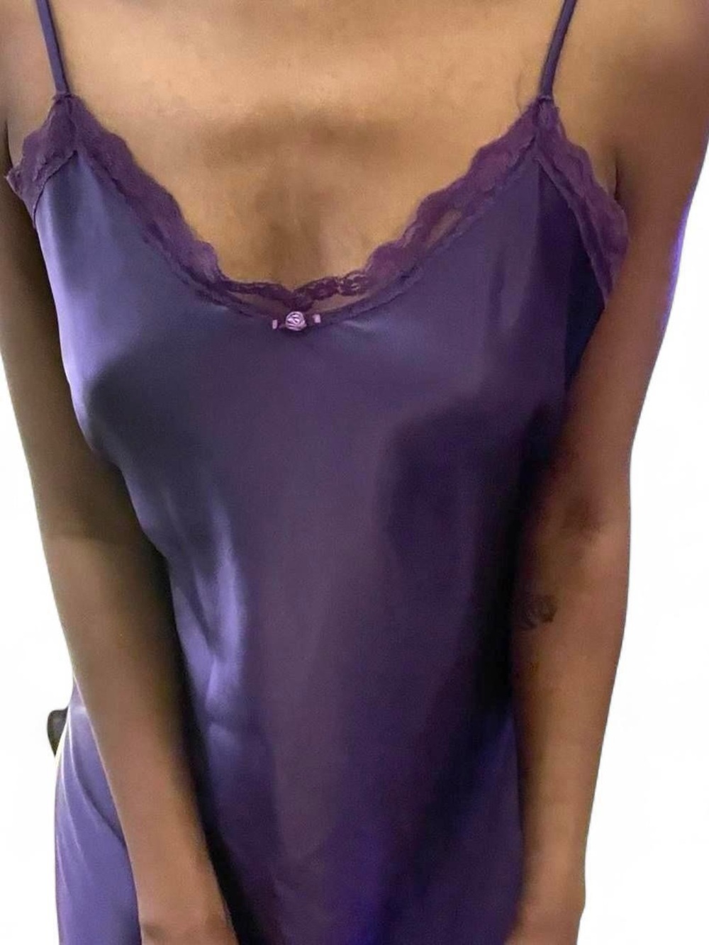 Vintage Deep Purple Lace Trim Satin Slip Dress - Picture 6 of 8